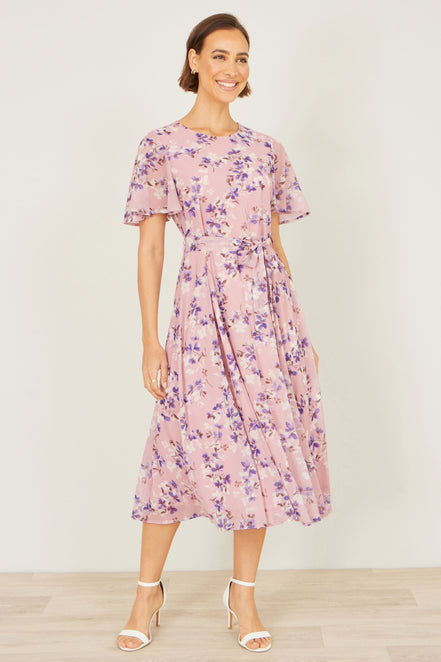 Yumi Pink Blossom Skater Midi Dress with Angel Sleeves
