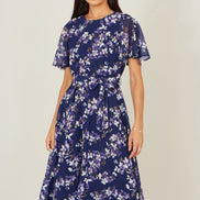 Yumi Navy Blossom Print Midi Skater Dress with Angel Sleeves