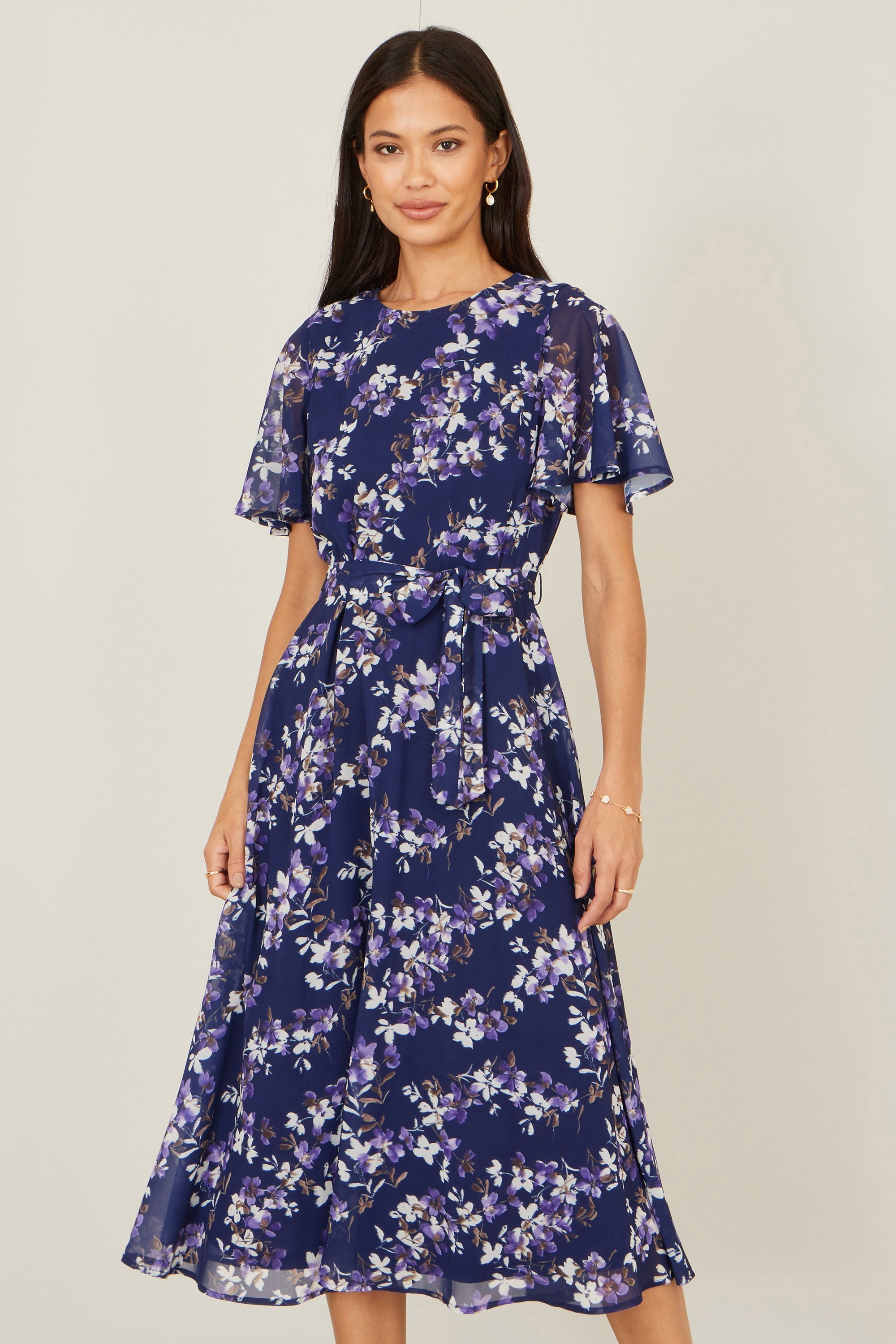 Yumi Navy Blossom Print Midi Skater Dress with Angel Sleeves