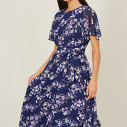 Yumi Navy Blossom Print Midi Skater Dress with Angel Sleeves