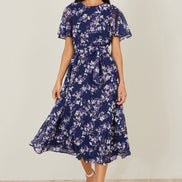 Yumi Navy Blossom Print Midi Skater Dress with Angel Sleeves