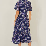 Yumi Navy Blossom Print Midi Skater Dress with Angel Sleeves