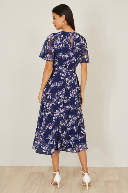 Yumi Navy Blossom Print Midi Skater Dress with Angel Sleeves