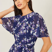 Yumi Navy Blossom Print Midi Skater Dress with Angel Sleeves