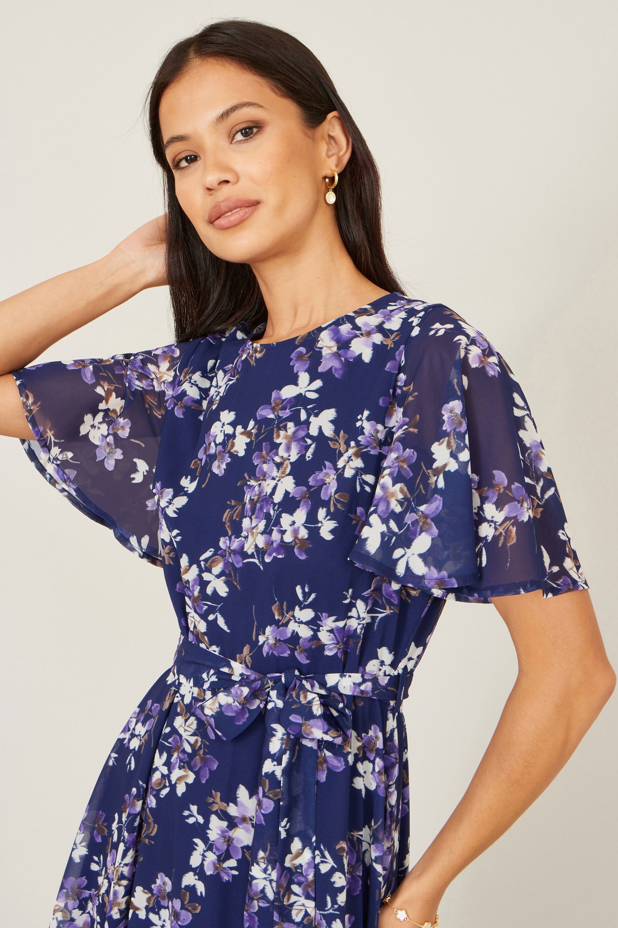 Yumi Navy Blossom Print Midi Skater Dress with Angel Sleeves
