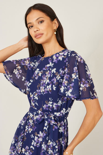 Yumi Navy Blossom Print Midi Skater Dress with Angel Sleeves