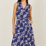Yumi Navy Blossom Print Mesh Stretch Midi Dress with Pockets