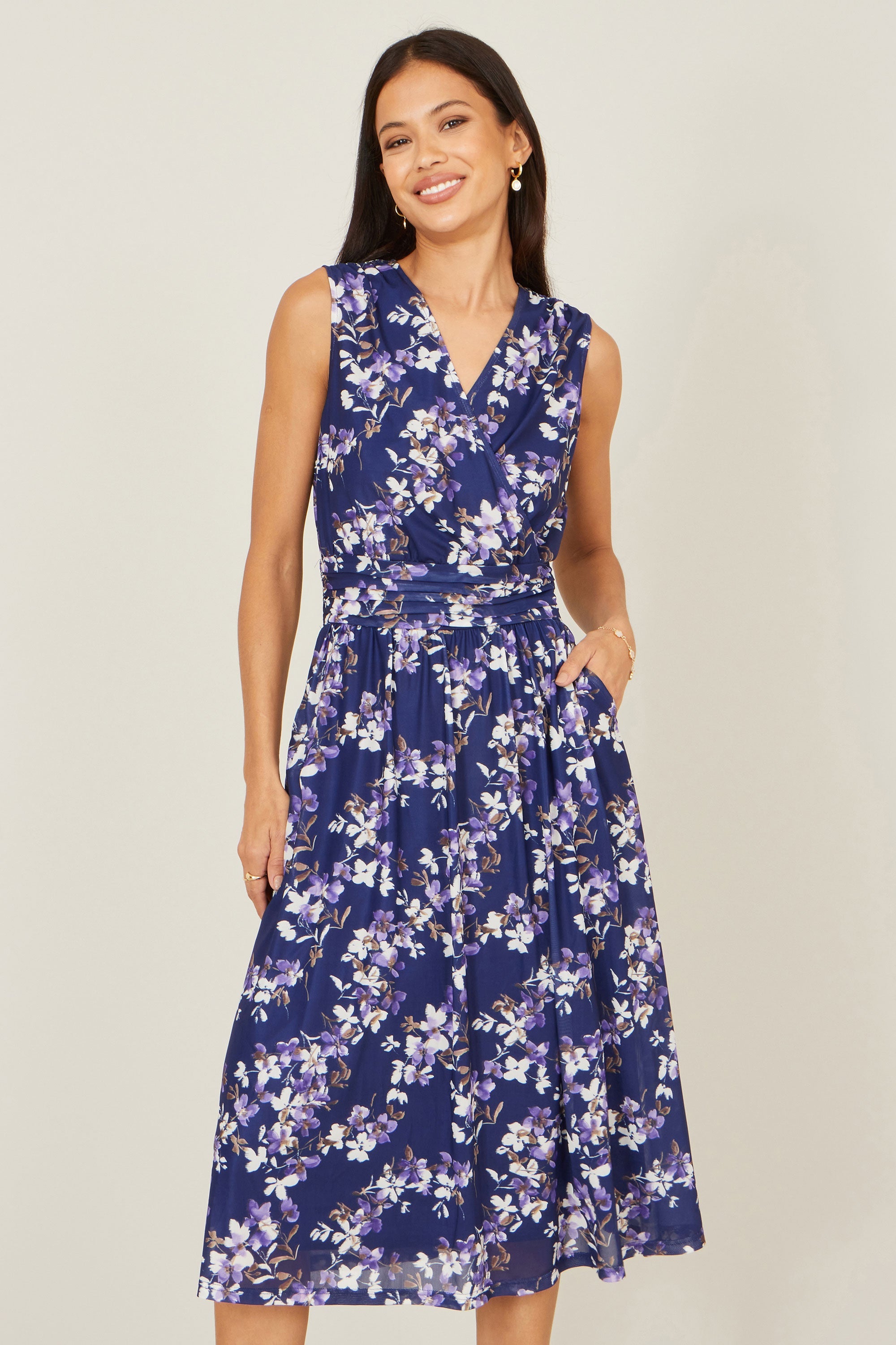 Yumi Navy Blossom Print Mesh Stretch Midi Dress with Pockets