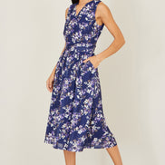 Yumi Navy Blossom Print Mesh Stretch Midi Dress with Pockets