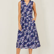 Yumi Navy Blossom Print Mesh Stretch Midi Dress with Pockets