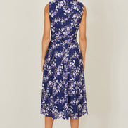 Yumi Navy Blossom Print Mesh Stretch Midi Dress with Pockets