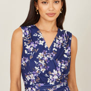 Yumi Navy Blossom Print Mesh Stretch Midi Dress with Pockets