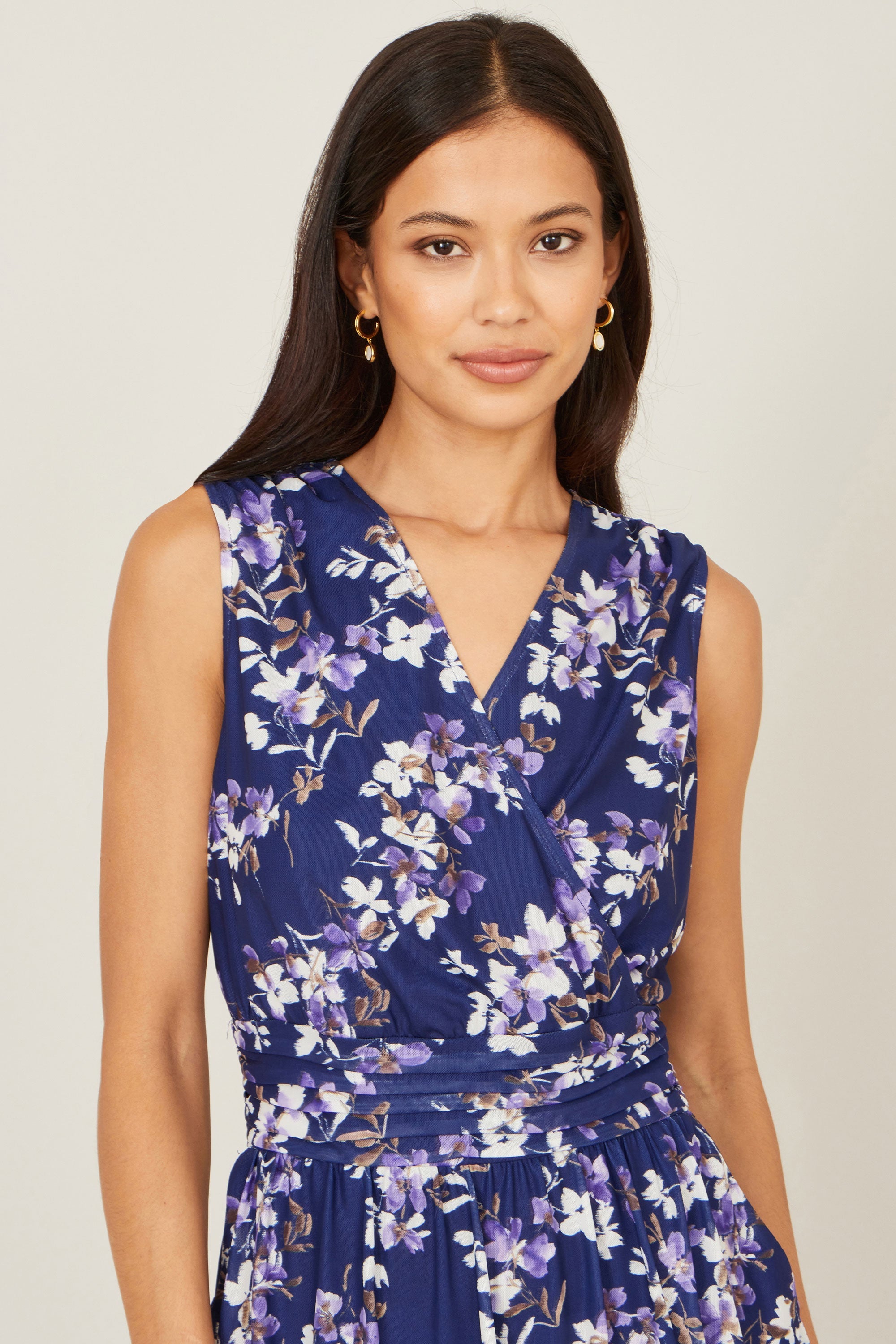 Yumi Navy Blossom Print Mesh Stretch Midi Dress with Pockets