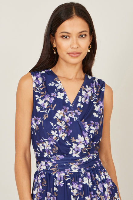 Yumi Navy Blossom Print Mesh Stretch Midi Dress with Pockets