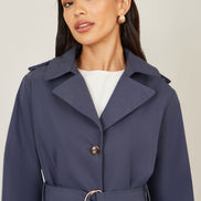 Yumi Navy Belted Long Trench Coat With Belt