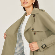 Yumi Green Cropped Trench Jacket with Pockets and Check Lining
