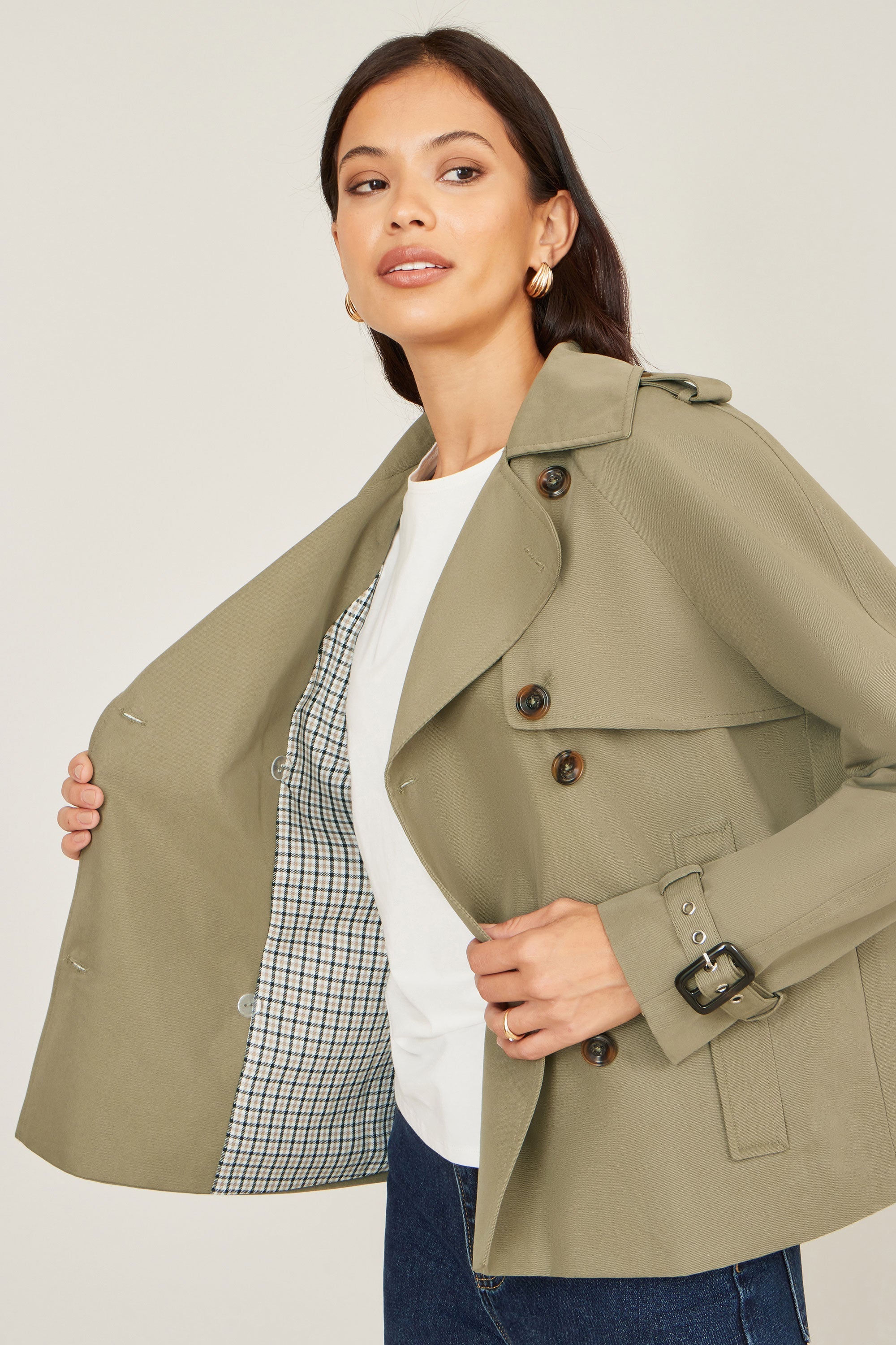 Yumi Green Cropped Trench Jacket with Pockets and Check Lining