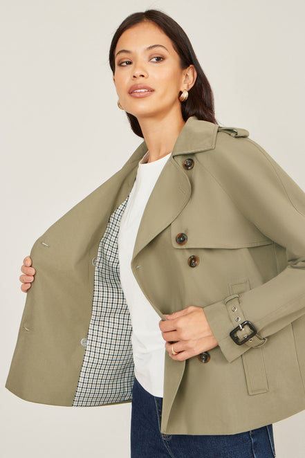 Yumi Green Cropped Trench Jacket with Pockets and Check Lining