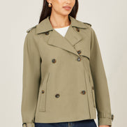 Yumi Green Cropped Trench Jacket with Pockets and Check Lining