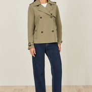 Yumi Green Cropped Trench Jacket with Pockets and Check Lining