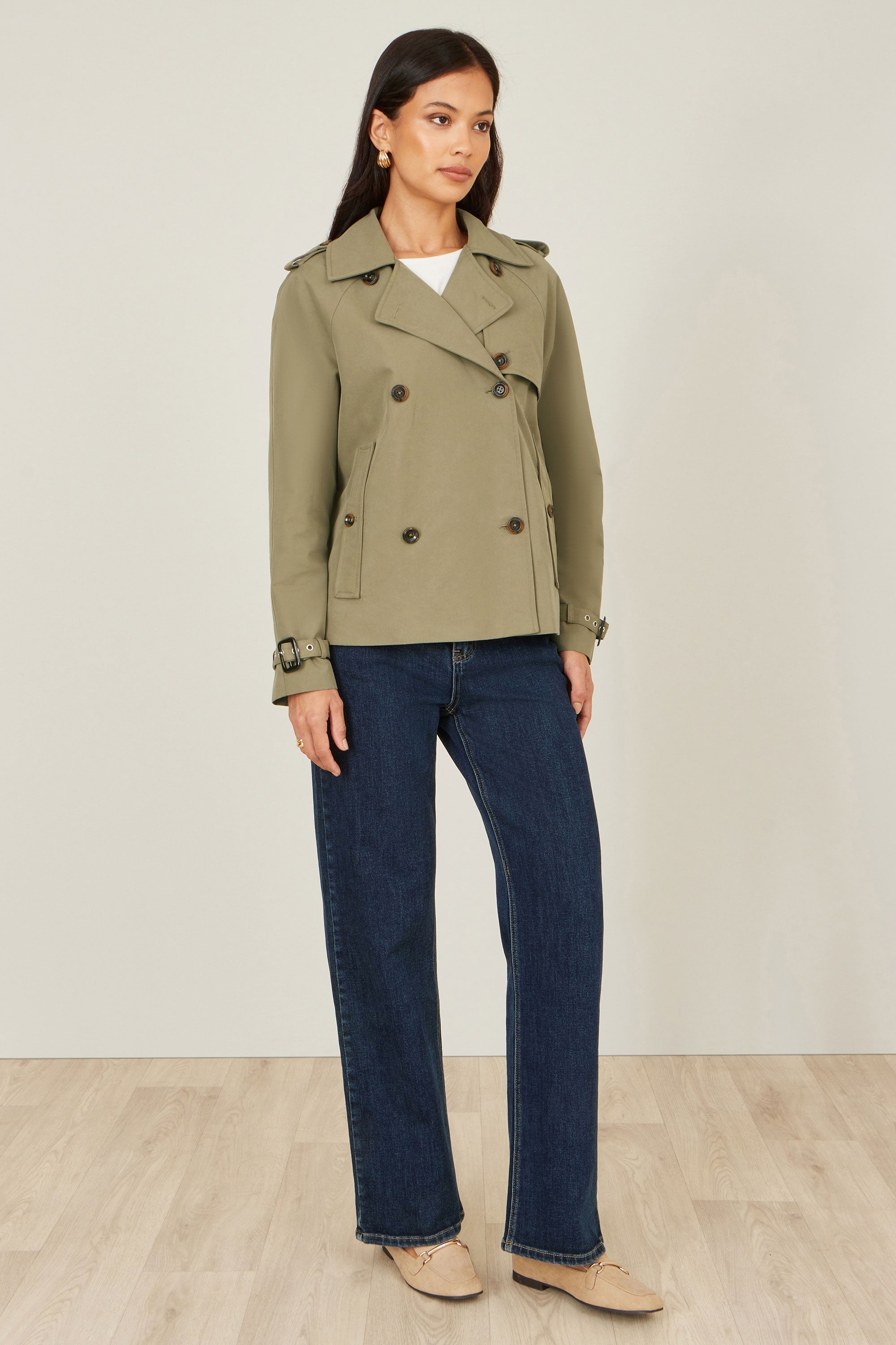 Yumi Green Cropped Trench Jacket with Pockets and Check Lining