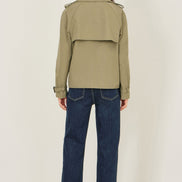 Yumi Green Cropped Trench Jacket with Pockets and Check Lining