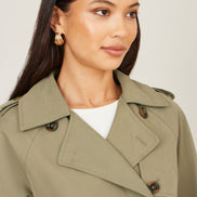 Yumi Green Cropped Trench Jacket with Pockets and Check Lining