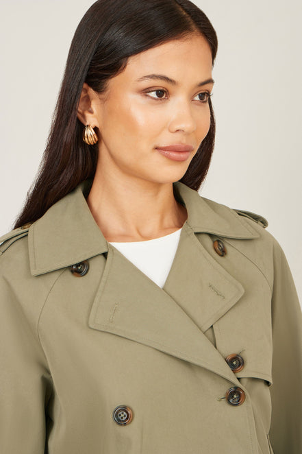 Yumi Green Cropped Trench Jacket with Pockets and Check Lining