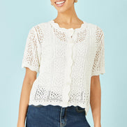 Yumi White Crochet Short Sleeve Cardigan