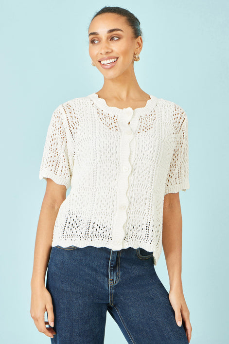Yumi White Crochet Short Sleeve Cardigan