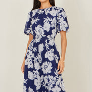 Yumi Navy Flower Stretch Mesh Midi Dress with Angel Sleeves