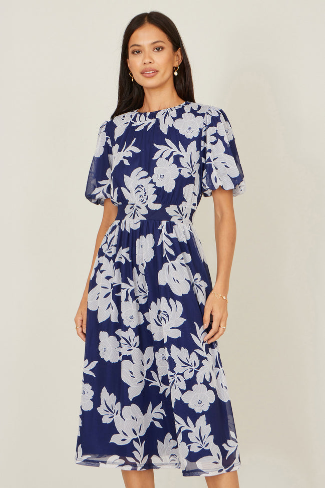 Yumi Navy Flower Stretch Mesh Midi Dress with Angel Sleeves