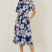 Yumi Navy Flower Stretch Mesh Midi Dress with Angel Sleeves