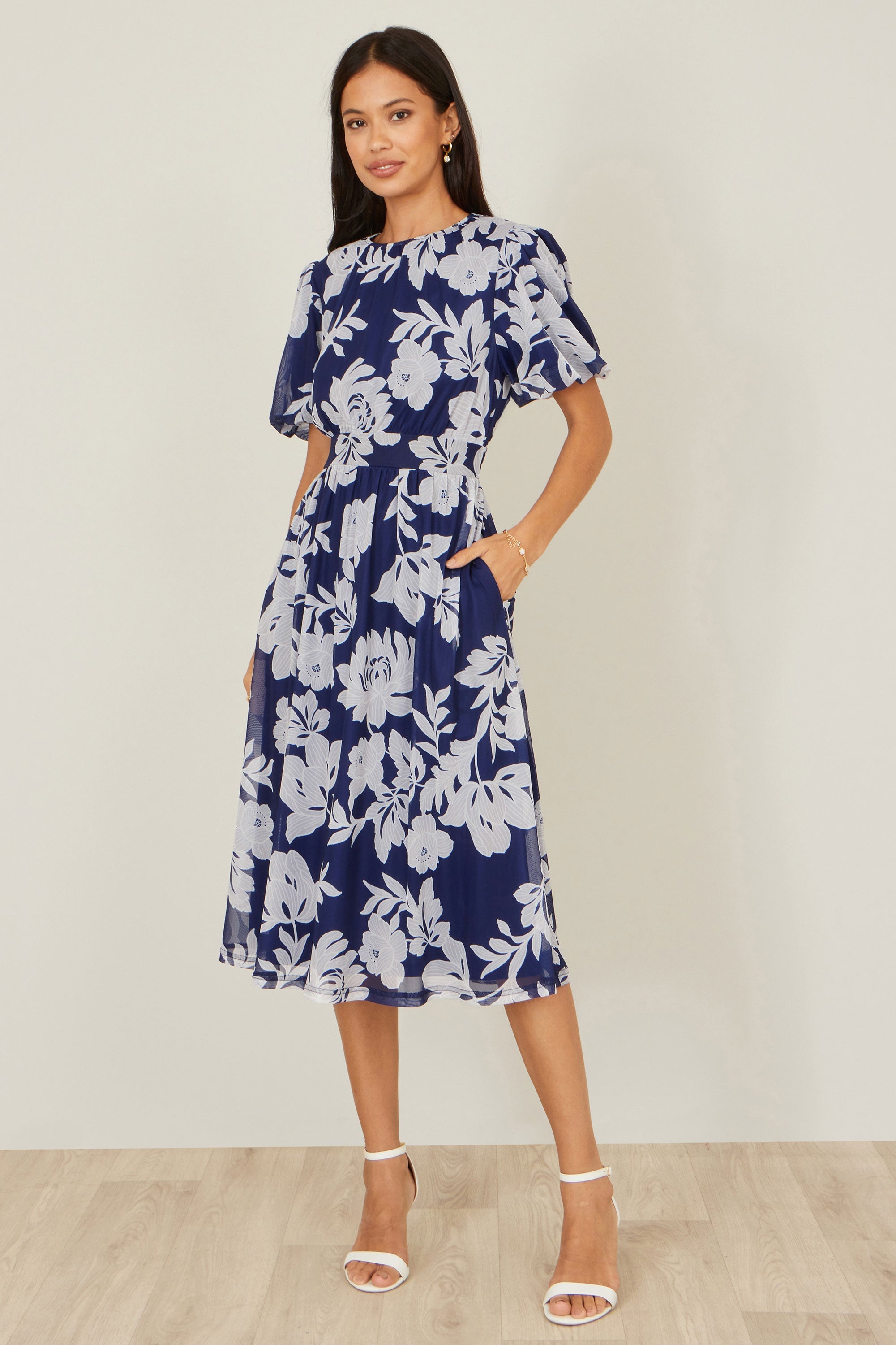 Yumi Navy Flower Stretch Mesh Midi Dress with Angel Sleeves