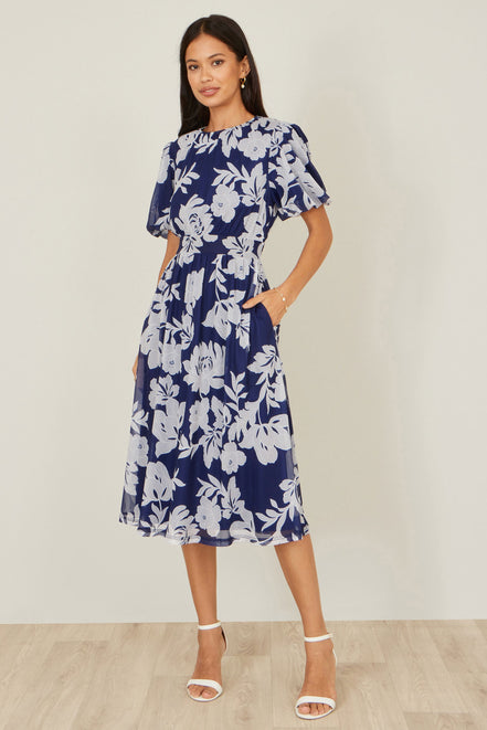 Yumi Navy Flower Stretch Mesh Midi Dress with Angel Sleeves
