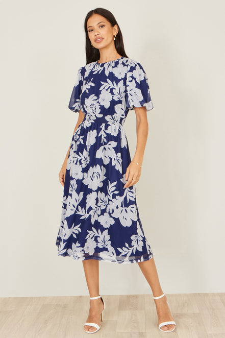 Yumi Navy Flower Stretch Mesh Midi Dress with Angel Sleeves