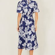 Yumi Navy Flower Stretch Mesh Midi Dress with Angel Sleeves