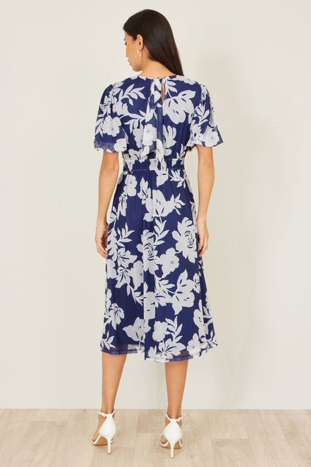Yumi Navy Flower Stretch Mesh Midi Dress with Angel Sleeves