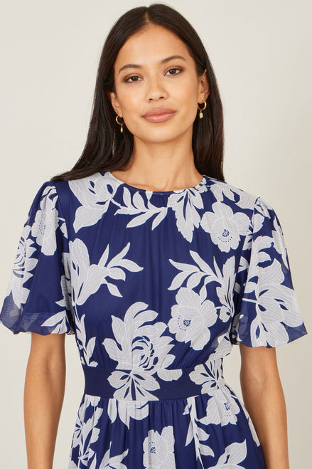 Yumi Navy Flower Stretch Mesh Midi Dress with Angel Sleeves