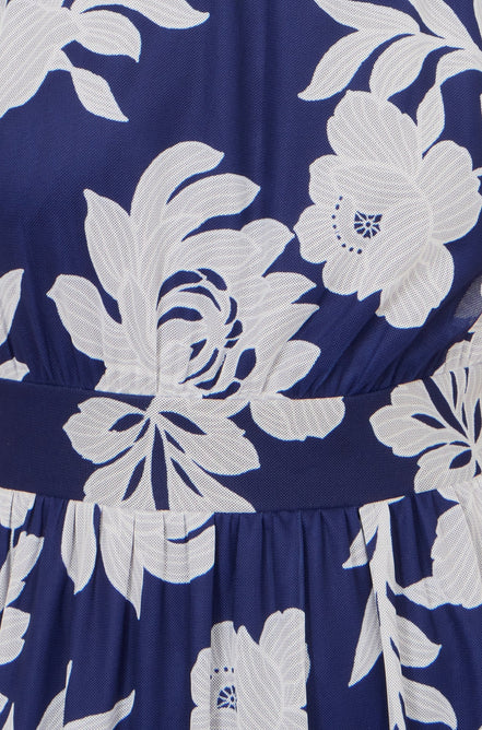 Yumi Navy Flower Stretch Mesh Midi Dress with Angel Sleeves