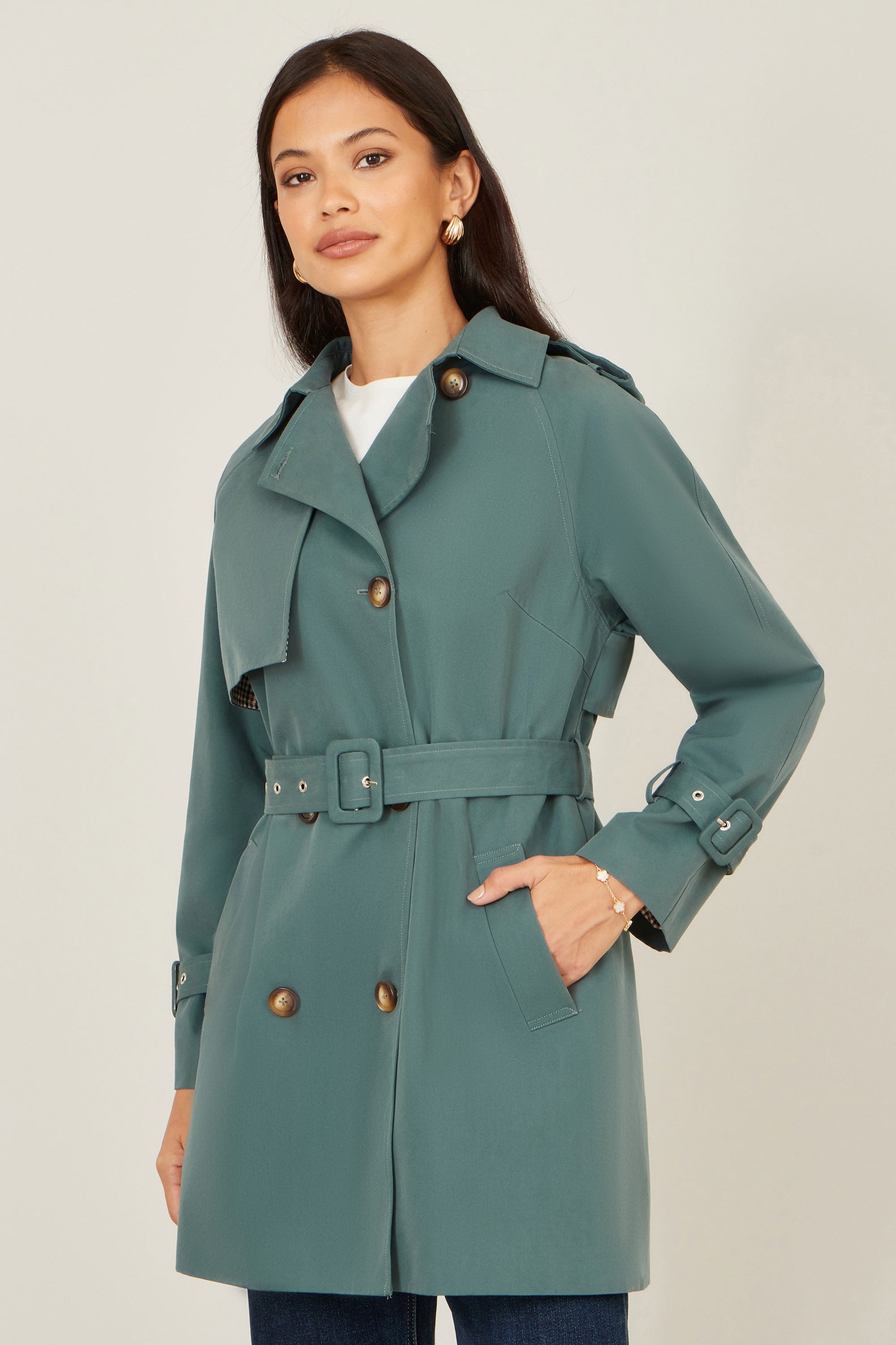 Yumi Blue Belted Trench Coat with Check Lining