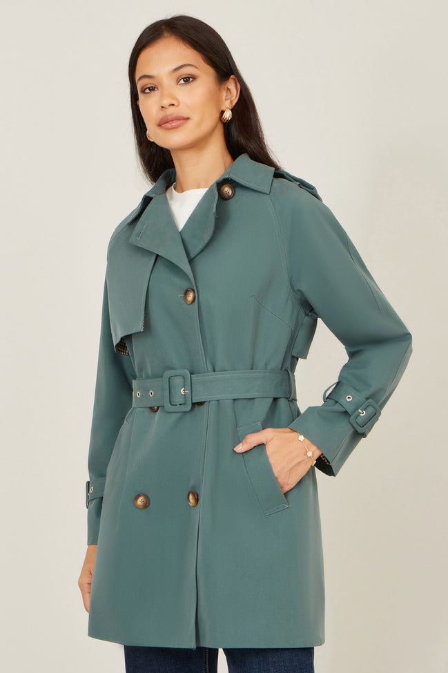 Yumi Blue Belted Trench Coat with Check Lining