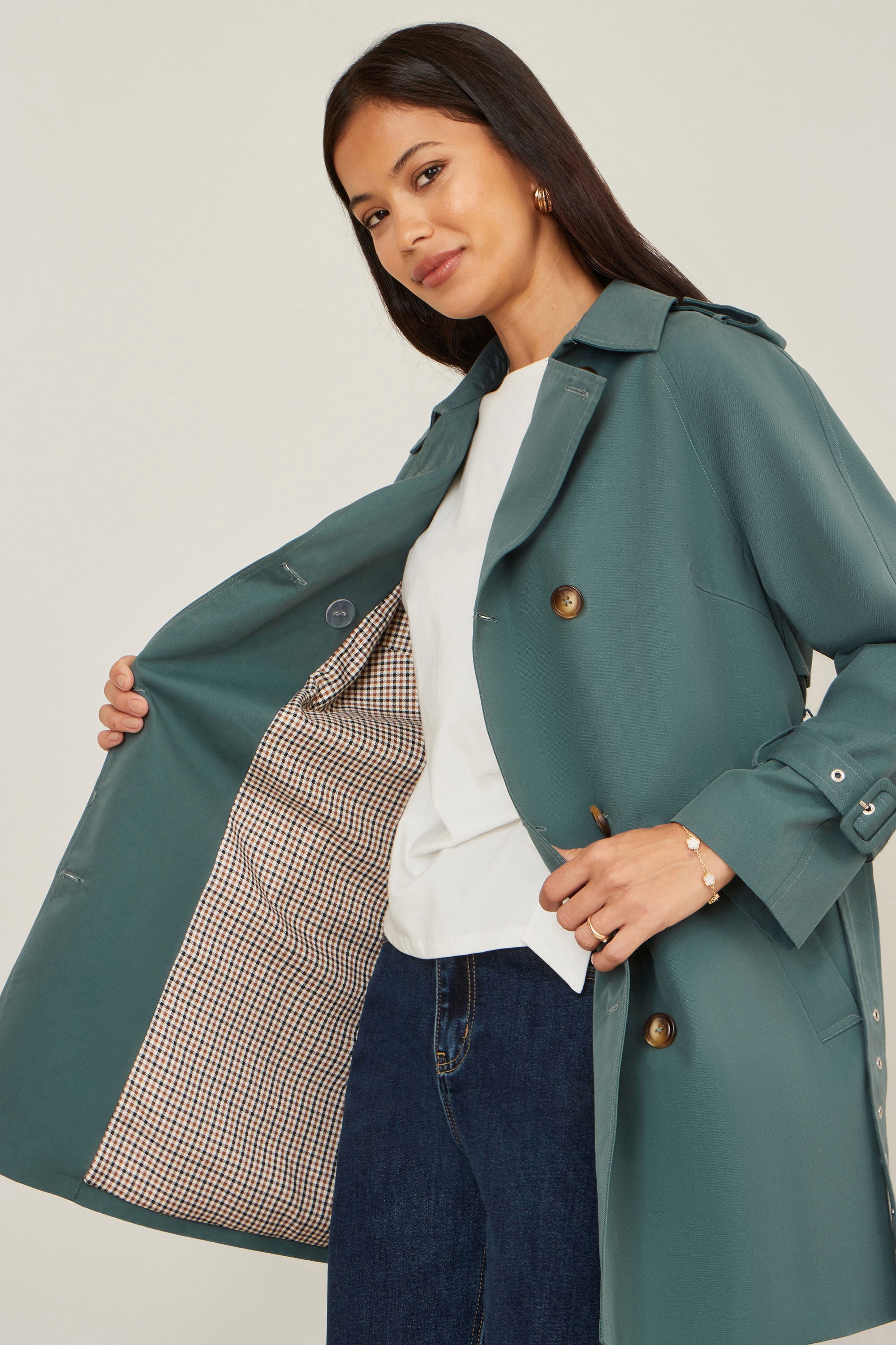 Yumi Blue Belted Trench Coat with Check Lining