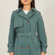 Yumi Blue Belted Trench Coat with Check Lining