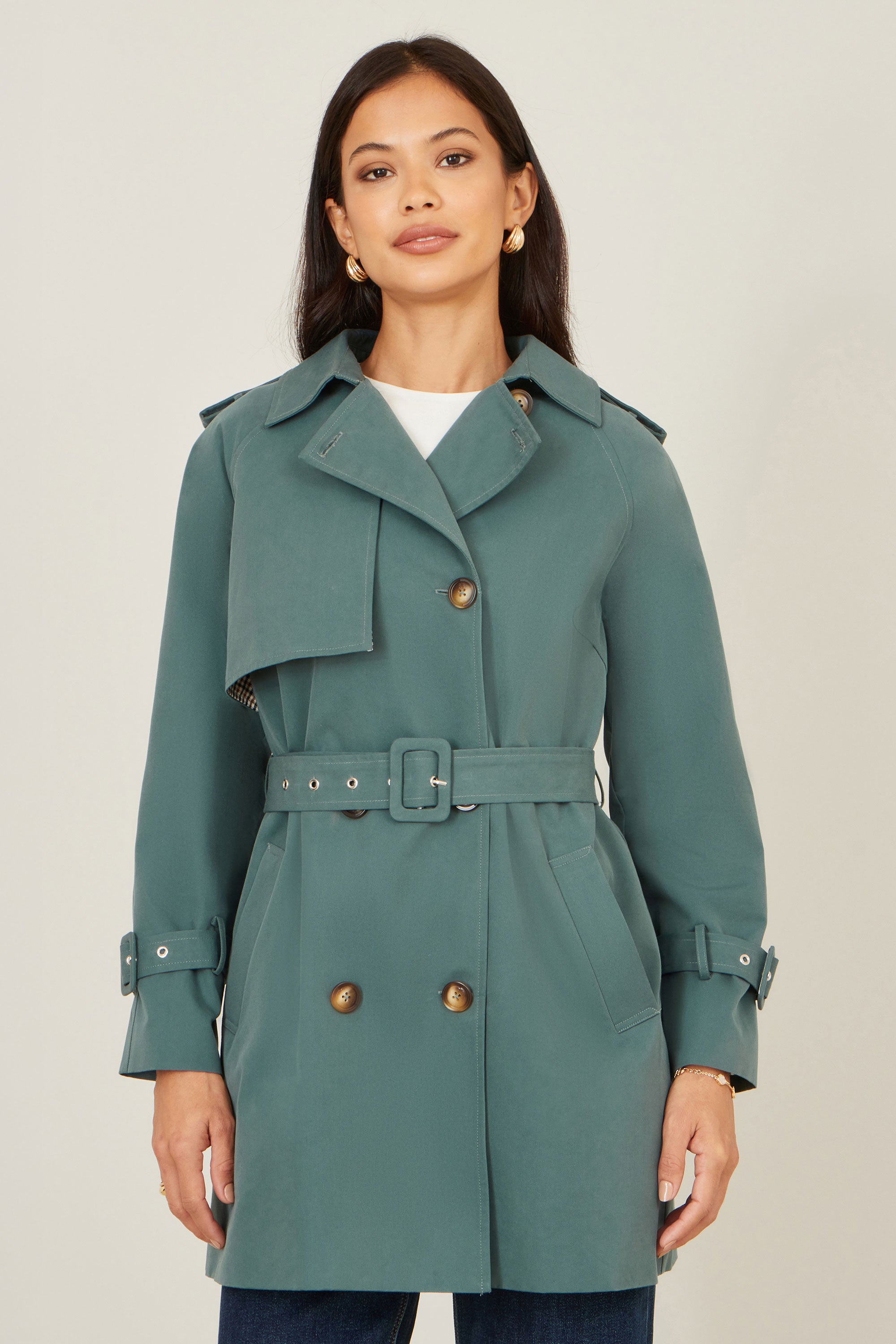 Yumi Blue Belted Trench Coat with Check Lining