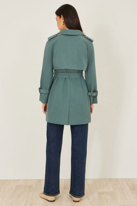 Yumi Blue Belted Trench Coat with Check Lining