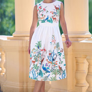 Yumi White Woodland Animal Print Cotton Midi Skater Dress