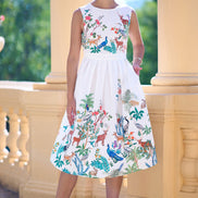 Yumi White Woodland Animal Print Cotton Midi Skater Dress