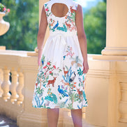 Yumi White Woodland Animal Print Cotton Midi Skater Dress