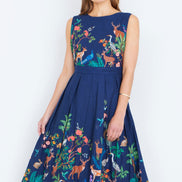 Yumi Navy Woodland Animal Print Cotton Midi Skater Dress